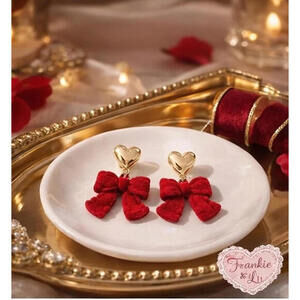 Gold Heart Stud Red Velvet Bow Dangle Earrings Coquette Cottagecore NWT
